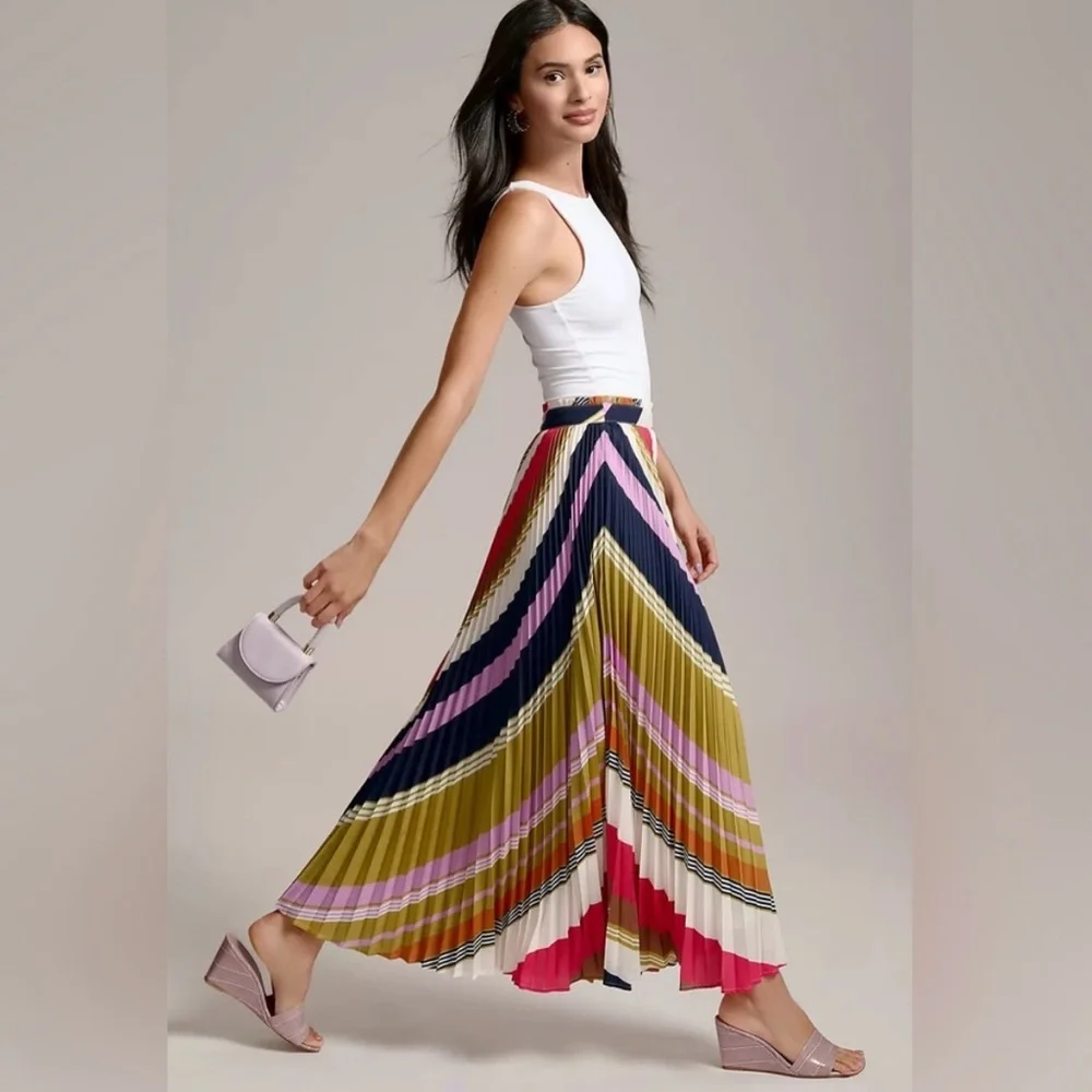 Pleated Chevron Midi Skirt in Multicolor Stripe - Picture 1 of 14